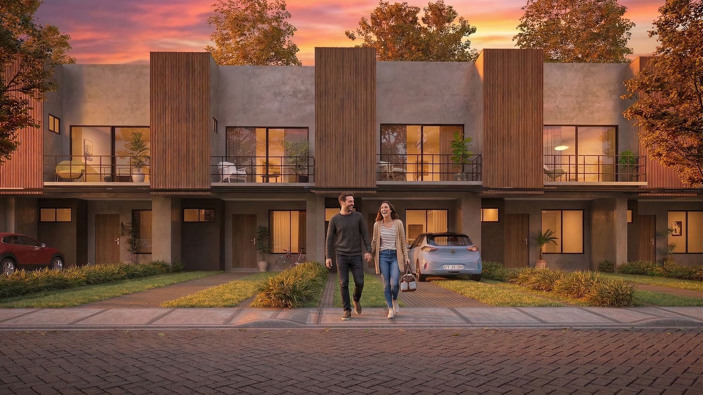 Fachada de las casas de Rincón de Mora al atardecer, Ciudad Colón